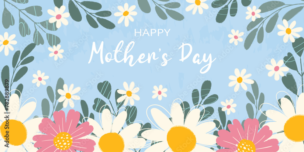 Horizontal greeting background with hand drawn blooming flowers, green leaves, scribbles and typography for Happy Mother's Day. Flat vector grunge textured illustration on blue backdrop.