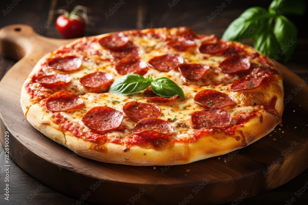 Pepperoni pizza, thin crispy dough, stretched cheese, pepperoni topping, sprinkled with oregano on a wooden tray. 