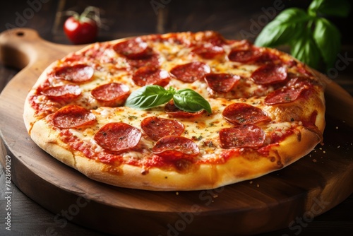 Pepperoni pizza, thin crispy dough, stretched cheese, pepperoni topping, sprinkled with oregano on a wooden tray. 