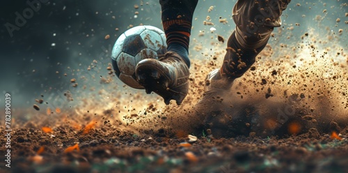 player kicks a football kicks a ball against the dark light photo
