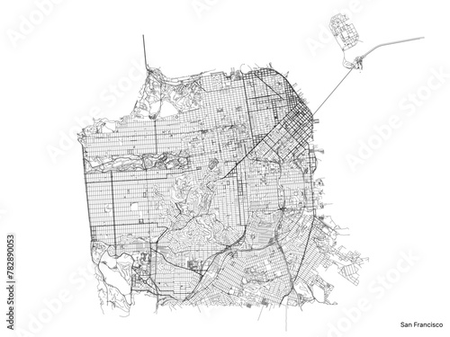 San Francisco city map with roads and streets, United States. Vector outline illustration.