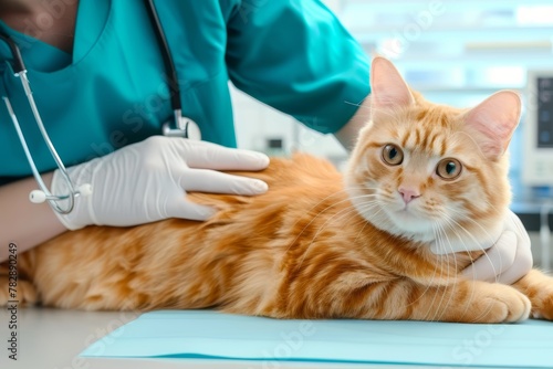 A cute orange cat is sick in the pet hospital and is being examined by the doctor.