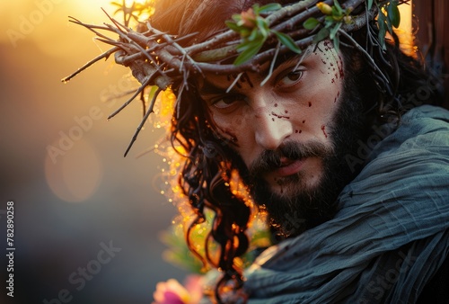 Jesus carrying the cross, he has a beard and long hair with a crown of thorns on his head, brown , golden hour lighting,.