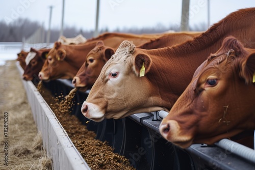 Shot of line of cows at feeding time in an automatic feeder photo