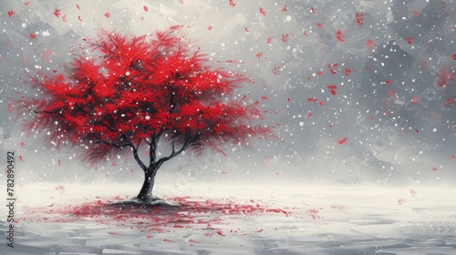 thick stroke oil painting in Japanese style. One single red japanese maple tree in the middle, surrounded by flat ground covered in snow, light snow falling. Feeling of stillness. photo