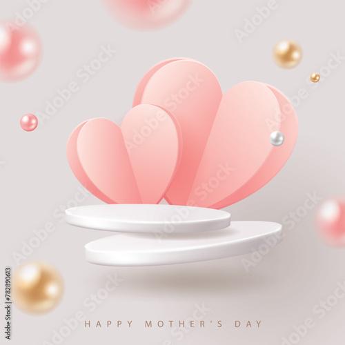 Mother's day poster for product demonstration. White pedestal or podium with hearts on pink background.