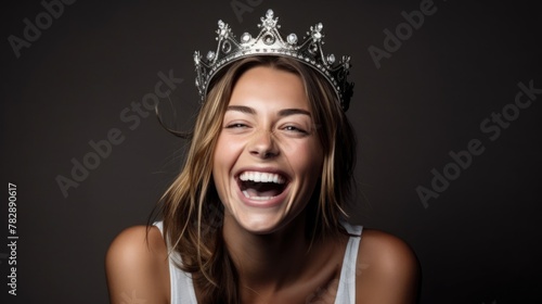 Happy women's day banner, black and white photo of smiley woman wearing tiara on grey background. Fictional Character Created by Generative AI. photo