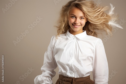 Stunning young Russian Woman in a White Blouse on Grey Background, Posing for a Photo. Fictional Character Created by Generative AI. photo