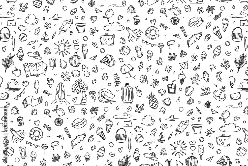Hand drawn seamless pattern of summer vacation travel elements in doodle style, luggage, map, suitcase, starfish. Doodle sketch style on a white background. 