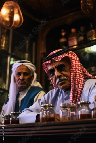 Two Arab Elderly Men Sitting Together at Bar, Enjoying Drinks. Fictional Character Created by Generative AI.