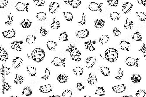 Doodle line summer seamless pattern with tropical fruits. Pattern for patter and textile design. Vector summer graphics, fresh fruits, vegan pattern. Exotic food doodle pattern.