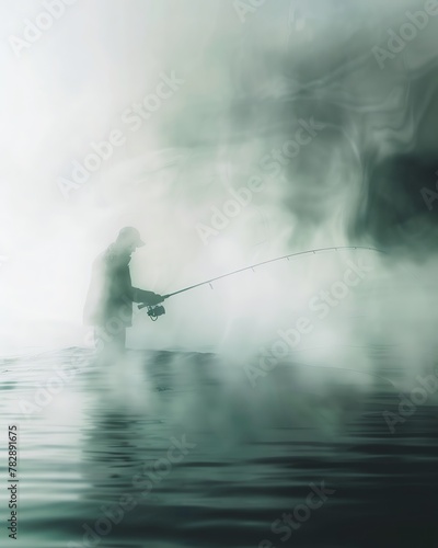 Ghostly fisherman casting a line into the spectral sea, his ethereal figure blending seamlessly with the misty waters