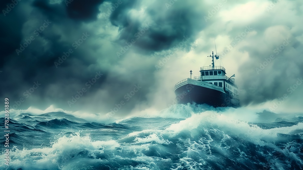 Ship navigating through stormy work sea and calm passive income ocean, capturing the contrast between chaos and stability Ship navigating through stormy work sea and calm passive income ocean, capturing the contrast between chaos and stability