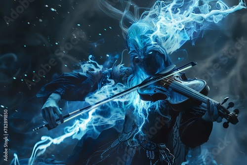 An advertisement featuring a demon performing with a symphonic metal band, their electric violin glowing with otherworldly energy and casting a mesmerizing spell on all who listen The surreal and fant photo