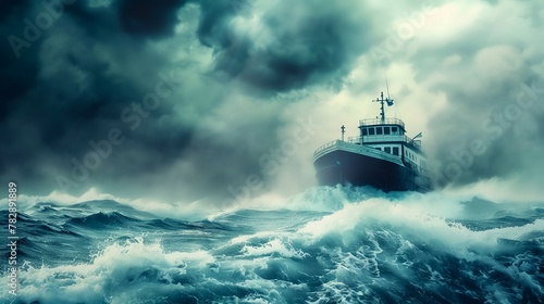 Ship navigating through stormy work sea and calm passive income ocean, capturing the contrast between chaos and stability