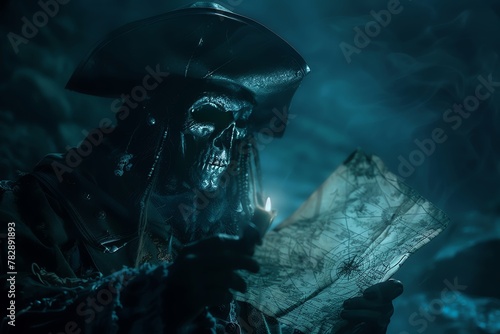 Ghost pirate using a spectral map to guide their search for treasure in the depths of the ocean photo