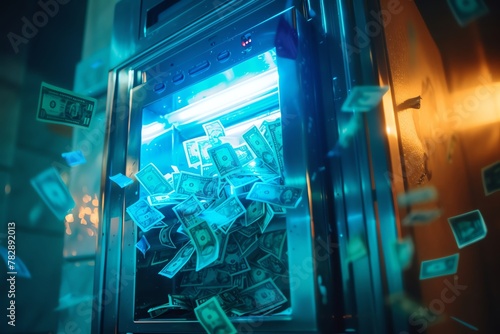 A glowing ATM machine, overflowing with currency as if from a neverending source photo