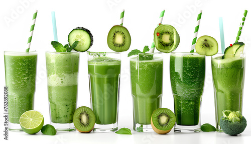 Set of healthy green smoothies isolated on white