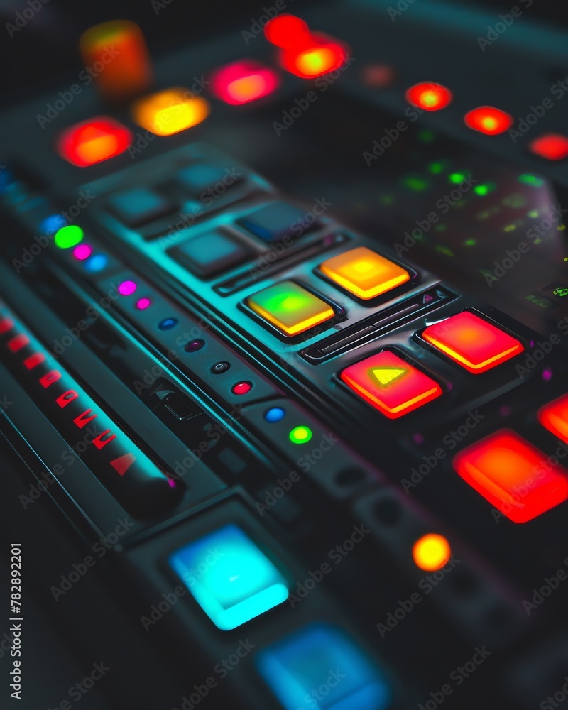 A sleek, dark electronic device with colorful, illuminated buttons and screens A sleek, dark electronic device with colorful, illuminated buttons and screens