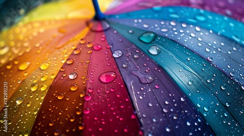 A vibrant display of raindrops speckling a multicolored umbrella, bringing a pop of joy to an otherwise dreary day photo