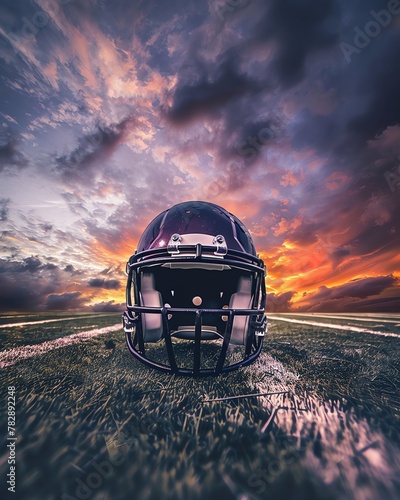 American football helmet on the field with yard lines in view, under a dramatic sky