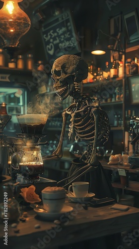 An eerie and atmospheric depiction of a Zombie barista in a coffee shop setting, focusing aon the intricate details of the brewing process for Brain Blend coffee