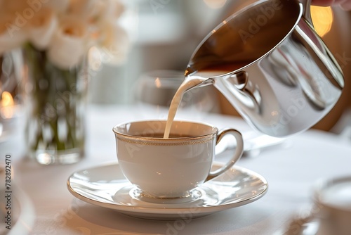 Person pouring milk or cream from metal stainless steel jug into a coffee white ceramic cup. Making hot steaming coffee. Coffee shop  restaurant  cafeteria. Thick Froth. Close-up view. Fresh beverage