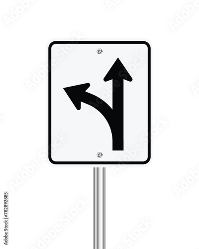Straight through and left turn traffic sign on white
