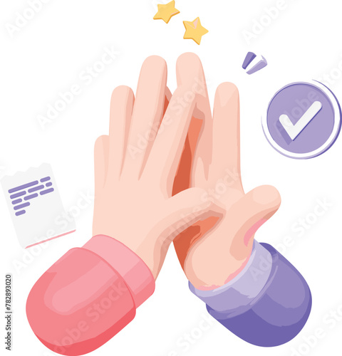 3D Stock Vector of Two Hands Giving a High Five, Teamwork Concept, Successful Business Meeting or Deal, Partners with Document and Check Mark in Cartoon Creative Design Icon Isolated on Purple Backgro