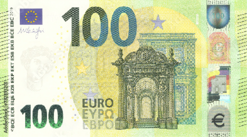 Vector obverse of high poly pixel mosaic 100 euro European Union banknote. Front side. Flyer or game money.