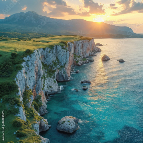 Aerial view of a majestic coastline at the ocean cliffs.