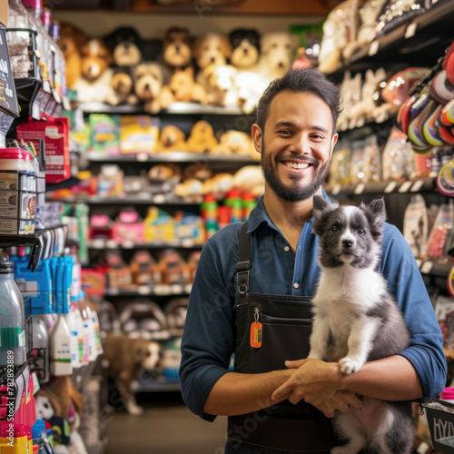 pet store owner in a vibrant store environment, surrounded by various pets and pet supplies.