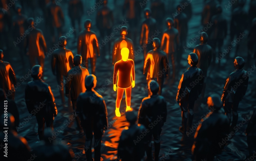 Be Standout 3D Concept, One Man Glowing Among Other People in Dark Condition Be Standout 3D Concept, One Man Glowing Among Other People in Dark Condition