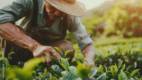 Picking tea leaves at a tea plantation. World tea day concept.