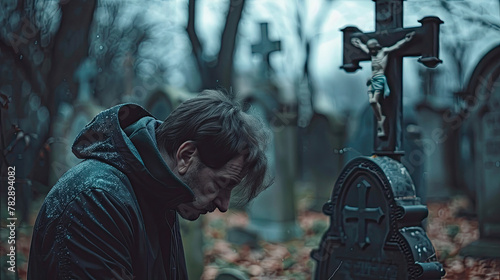 Christian man crying next to a grave with a headstone for a deceased relative in the family