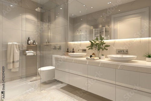 Modern bathroom with toilet  sink and double vanity in beige tones.