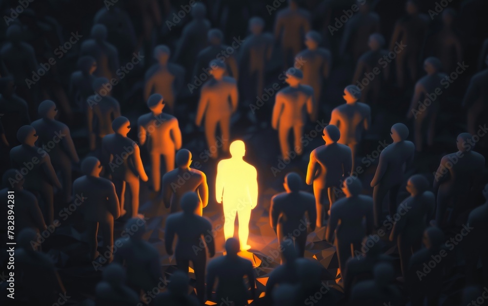Obraz premium Be Standout 3D Concept, One Man Glowing Among Other People in Dark Condition