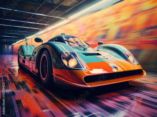 High-Speed Racing Car in Motion Blur Tunnel