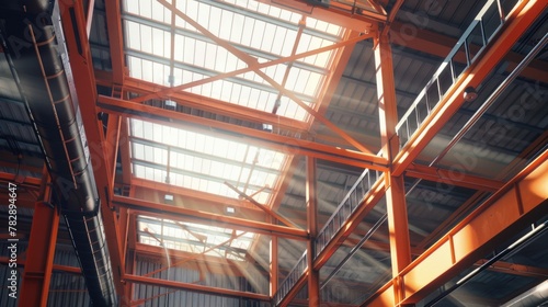 Orange steel beams in the ceiling of an industrial building and sunlight through window.