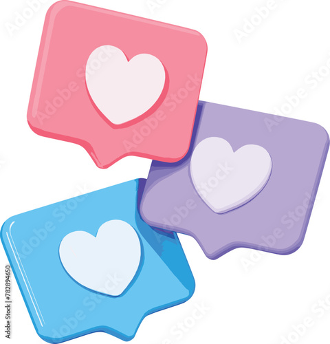 3D Stock Vector of Like Button Icons,Social Media Notification, Activity, and Popularity with Heart Speech Bubble in Cartoon Creative Design Icon Isolated on Purple Background