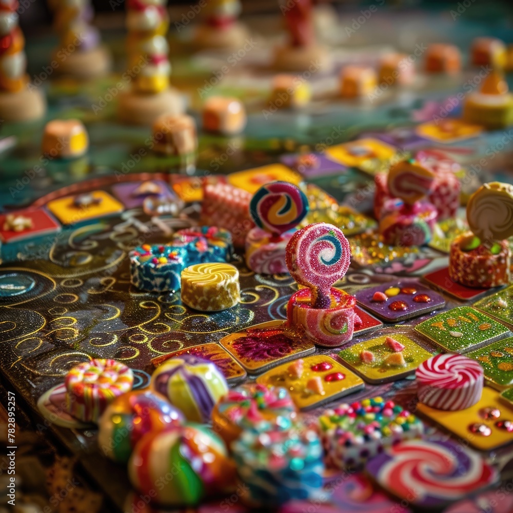 A board game come to life, with spaces of different flavored squares and tokens of miniature candy pieces.