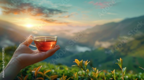 a cup of tea in hand, against the backdrop of a tea plantation. international tea day