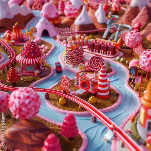 A candy-themed amusement park, with rides like the licorice twist and the chocolate rollercoaster.