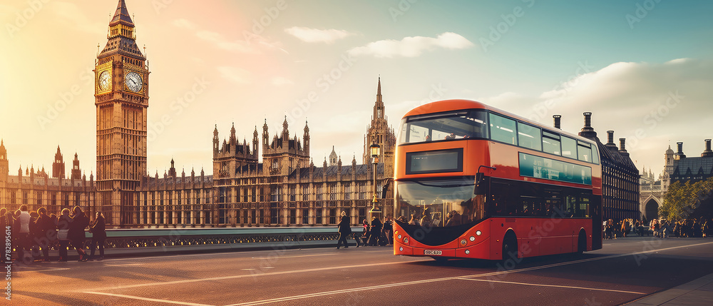 Obraz premium Iconic London Red Bus by Big Ben at Sunset