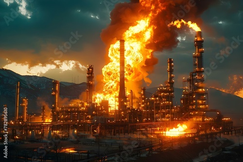 Blaze Engulfs Refinery in Nighttime Inferno. Concept Industrial Fire, Nighttime Blaze, Emergency Response, Breaking News