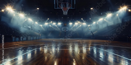 Photo of basketball arena with spotlights, dark atmosphere,