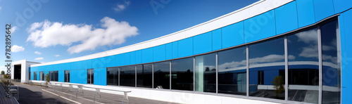Modern Blue Commercial Building Under Clear Sky
