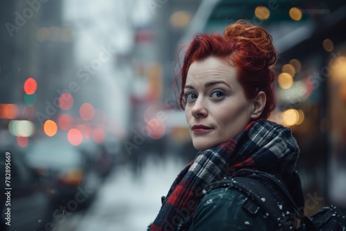 Portrait of a beautiful young woman with red hair in the city