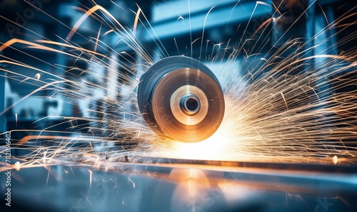 A closeup of an aluminum spool turning on the lathe, with sparks flying around it in blue and white tones. The background is dark and blurred, creating depth. photo