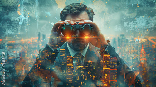 An image blending a businessman looking through binoculars with a digital landscape, symbolizing the search for future tech opportunities photo